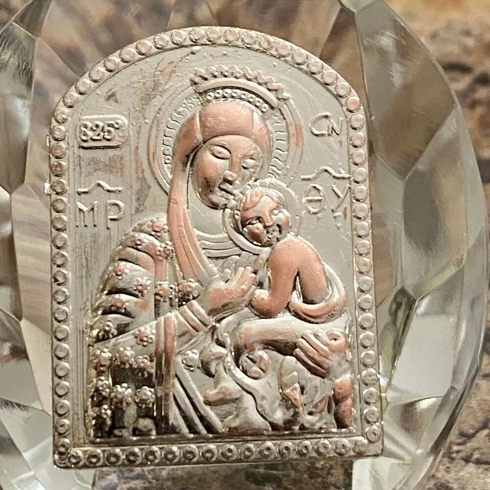Self Standing Crystal Block with Virgin Mary and Baby Jesus Christ Mantle Decor
